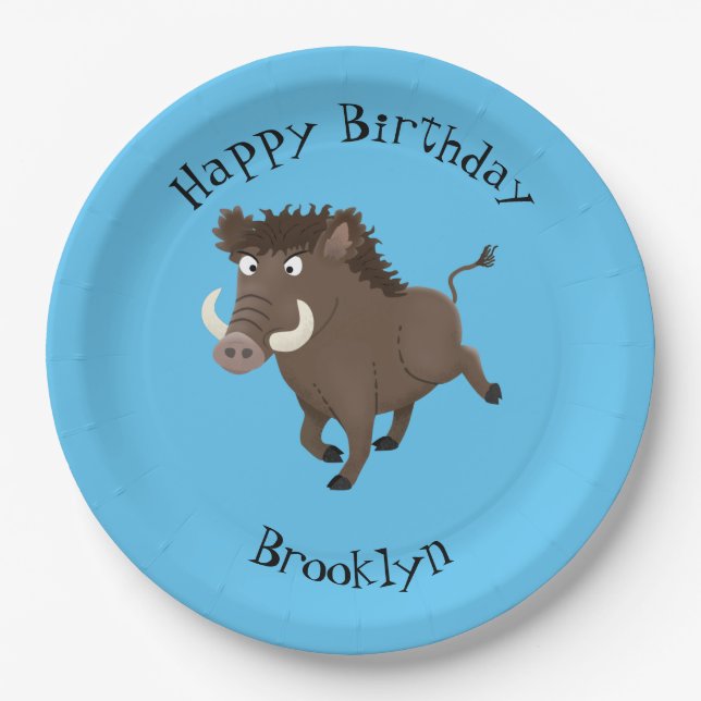 Wild boar razorback personalised cartoon birthday paper plate (Front)