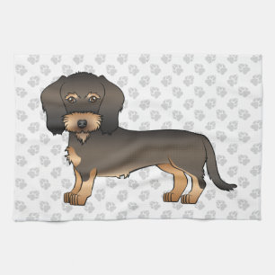 Wild Boar Wire Haired Dachshund Cartoon Dog & Paws Tea Towel