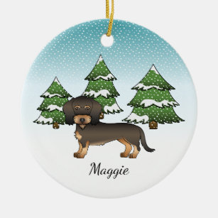 Wild Boar Wire Haired Dachshund Dog Winter Forest Ceramic Tree Decoration