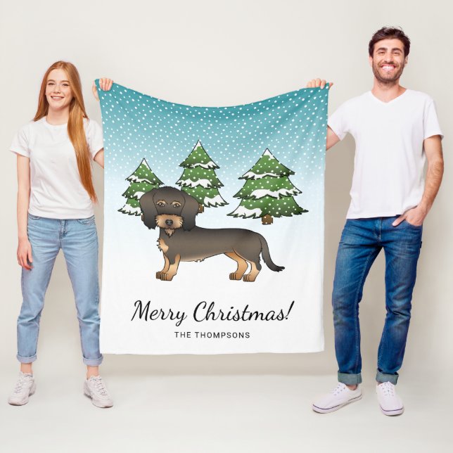 Wild Boar Wire Haired Dachshund Dog Winter Forest Fleece Blanket (In Situ)