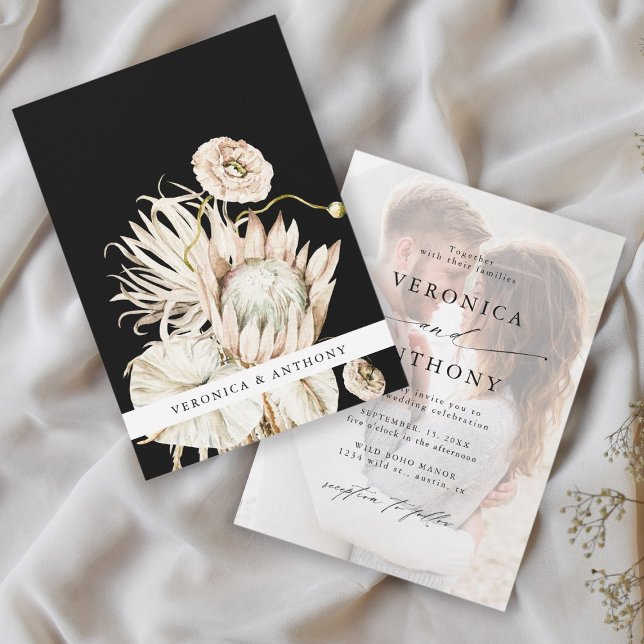 Wild Boho Protea Pampas Grass Black Wedding Photo  Invitation (Creator Uploaded)