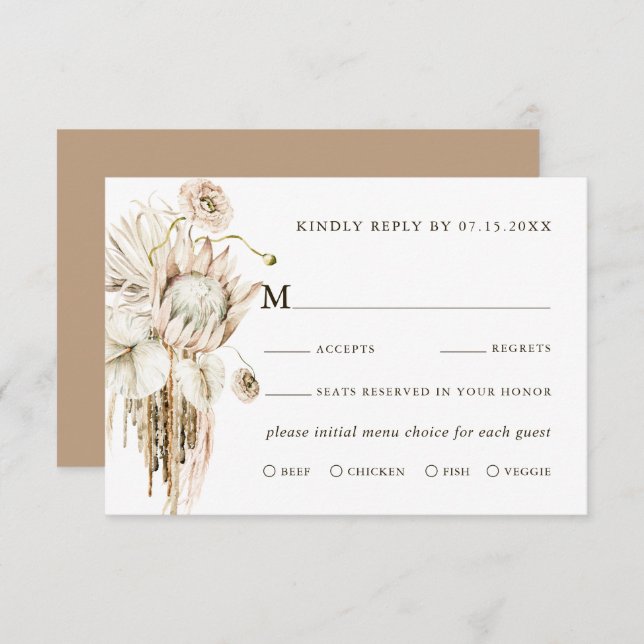 Wild Boho Protea Pampas Grass Floral Wedding RSVP  (Front/Back)