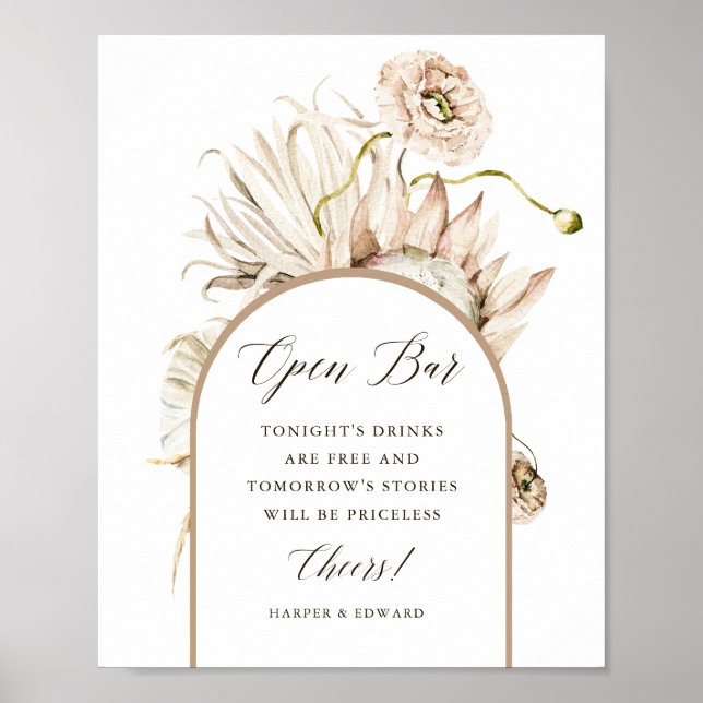Wild Boho Protea Pampas Grass Wedding Open Bar Poster (Front)