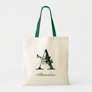 Wild Botanic Greenery Letter A Monogram Tote Bag
