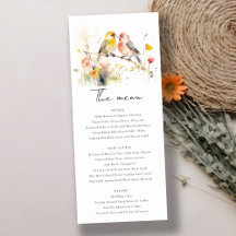 Wild Botanical Watercolor Love Birds Wedding Menu