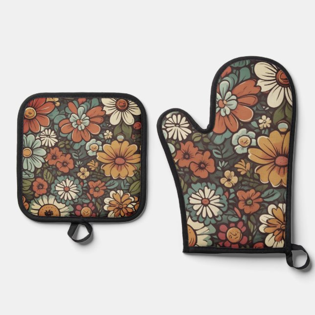 Wild Cartoon Fliwers Oven Mitt & Pot Holder Set (Front)