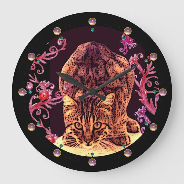 WILD CAT KITTEN , BLACK PINK RED FLORAL SWIRLS LARGE CLOCK (Front)
