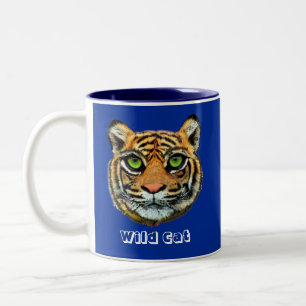 Wild Cat on Blue Two-Tone Coffee Mug