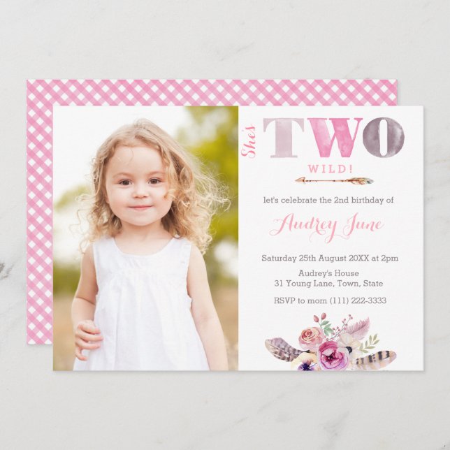 Wild Child Bohemian 2nd Birthday Party Picture Invitation (Front/Back)