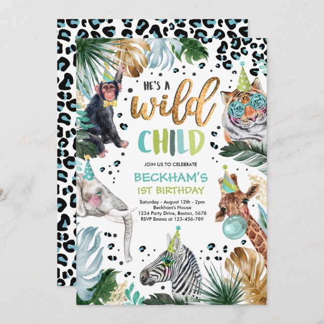 Wild Child Boy Safari Animals Birthday Party Invitation (Front/Back)