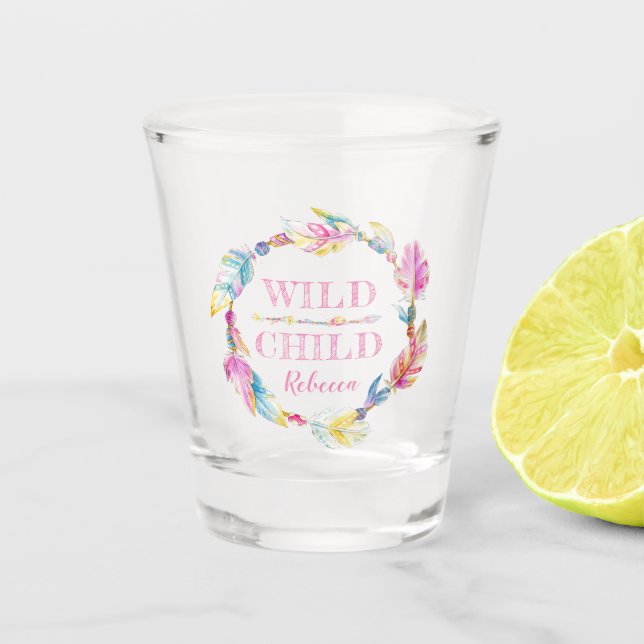 Wild child colourful watercolor art personalised shot glass (Front)