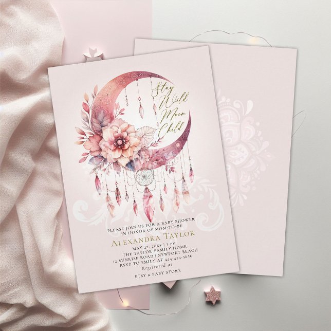 Wild Child Dreamcatcher Crystals Baby Girl Shower Invitation (wild moon child baby girl shower invitation pink boho dreamcatcher crystal gold glitter elegant boho)