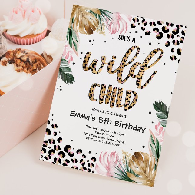 Wild Child Gold Pink Leopard Print Birthday Party Invitation (Creator Uploaded)