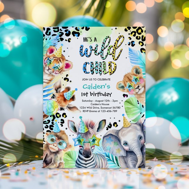 Wild Child Safari Blue Boy Leopard Birthday Party Invitation (Creator Uploaded)