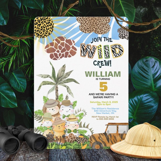 Wild Crew Safari Birthday Invitation (Vibrant safari-themed kids invitation with a colourful animal-inspired design.)