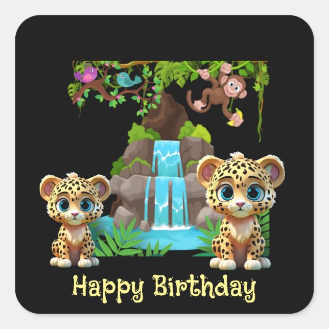 wild cute jaguar cub birthday square sticker (Front)