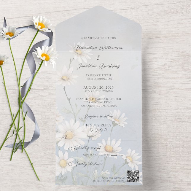 Wild Daisies on Pale Grey QR Code  All In One Invitation (Also available without QR code. )