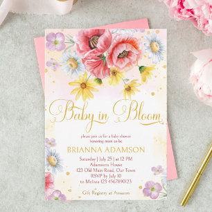 Wild daisy poppy baby in bloom baby shower templat invitation