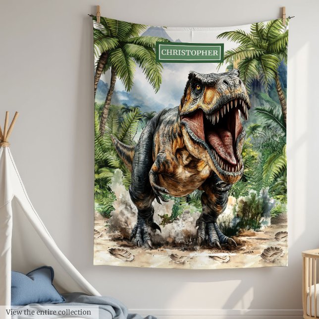 Wild Dinosaur Blanket Custom Boy Name Gift (Bold T-Rex Dinosaur Blanket Custom Name for Boys)