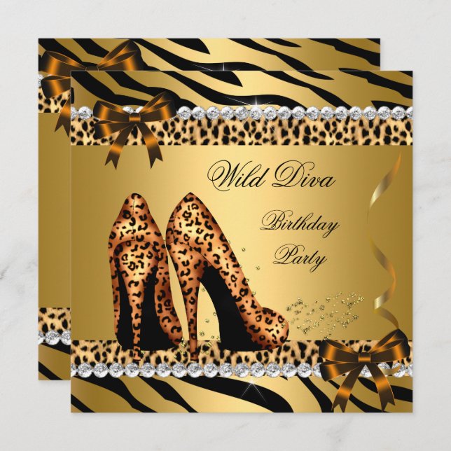 Wild Diva Leopard Zebra Hi Heels Birthday Party 4 Invitation (Front/Back)
