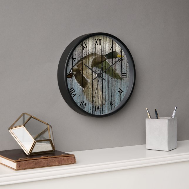 Wild Duck In Flight On Weathered Wood Pattern Clock (Office)