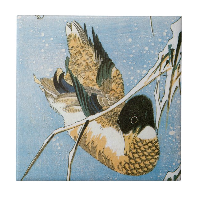Wild Duck Swimming Snow Laden Reeds by Hiroshige Tile (Front)