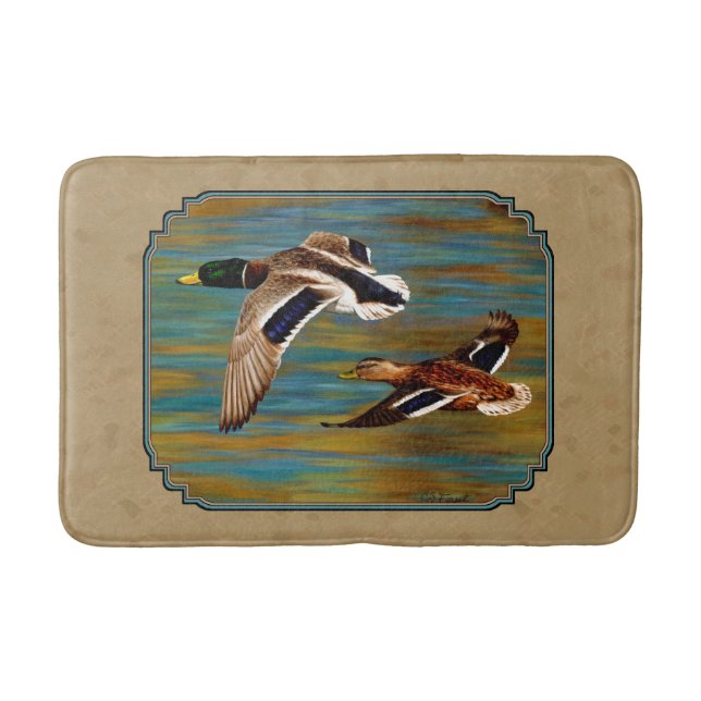 Wild Ducks Flying Tan Bath Mat (Front)