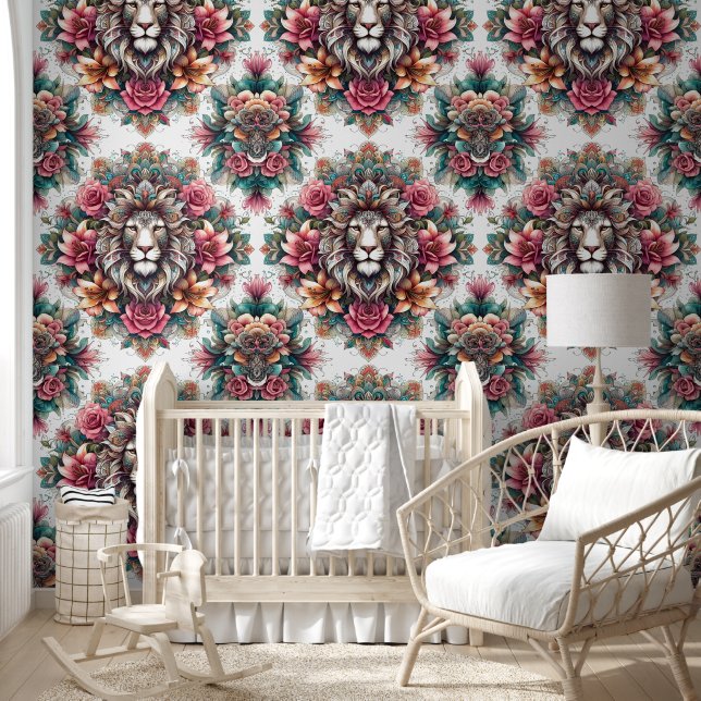 Wild Elegance: Lion & Blooming Vines Wallpaper (Kids)