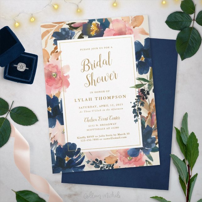 Wild Elegance | Navy Blush & Gold Bridal Shower Invitation (Creator Uploaded)