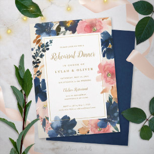 Wild Elegance   Navy Blush & Gold Rehearsal Dinner Invitation