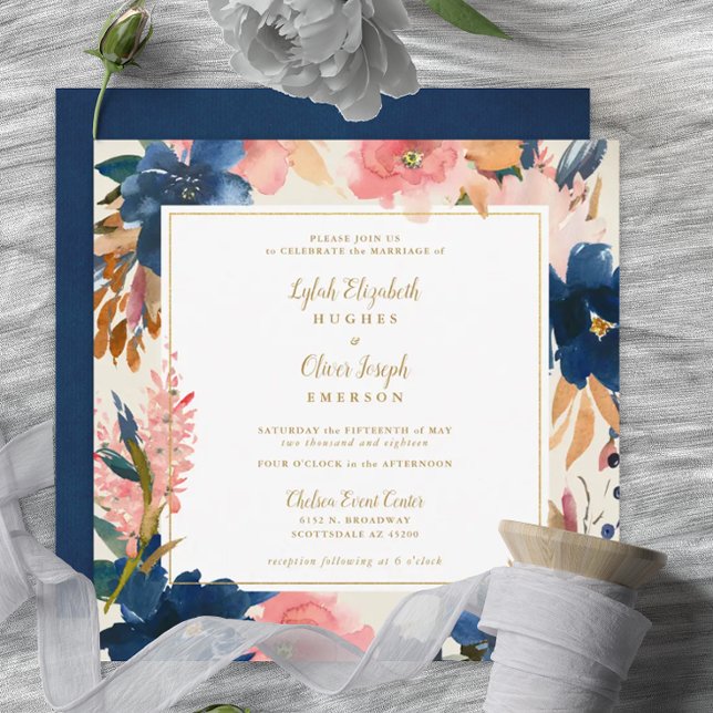 Wild Elegance | Navy Blush & Gold Square Wedding I Invitation (Creator Uploaded)