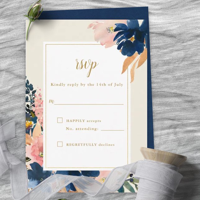 Wild Elegance | Navy Blush & Gold Wedding RSVP Car Card (Creator Uploaded)