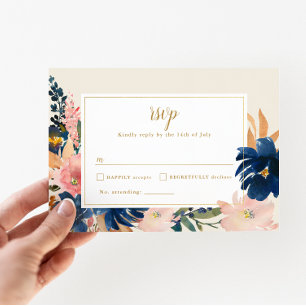 Wild Elegance   Navy Blush & Gold Wedding RSVP Card