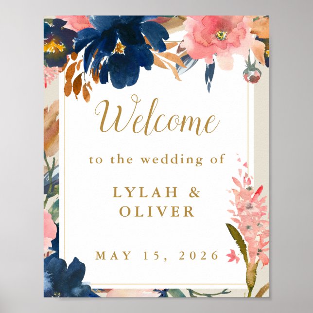 Wild Elegance | Navy Blush & Gold Wedding Welcome  Poster (Front)