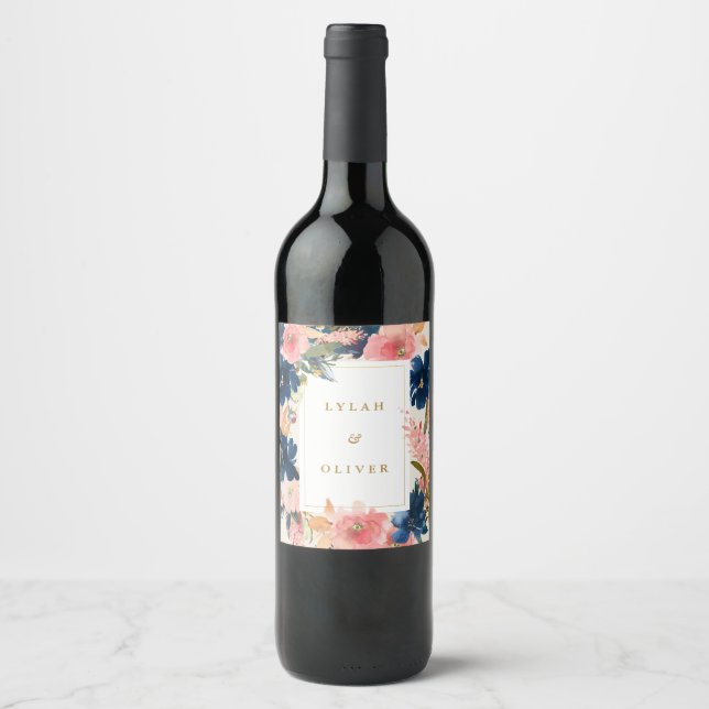 Wild Elegance | Navy Blush & Gold Wedding Wine Label (Front)