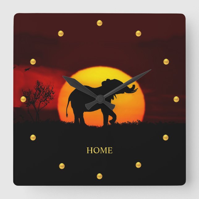 Wild elephant, golden dots & sunrise on a jungle square wall clock (Front)