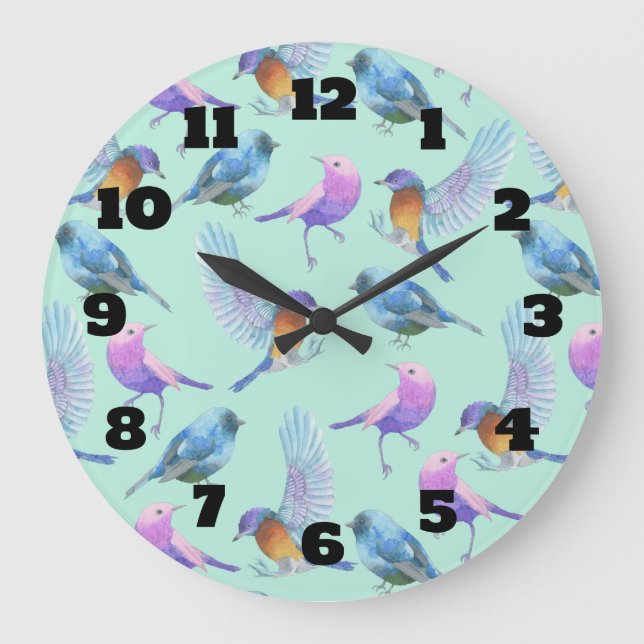 Wild Exotic Birds Colorful Watercolor Pattern Large Clock (Front)