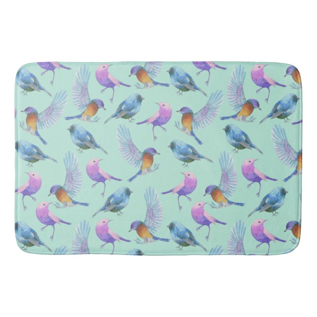Wild Exotic Birds Colourful Watercolor Pattern Bath Mat (Front)