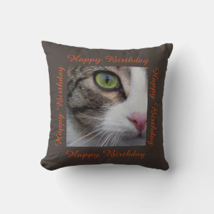 Wild Eyed Cat Throw Pillow - Happy Birthday
