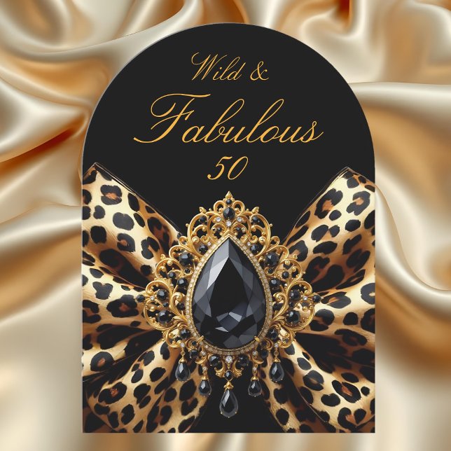 Wild Fabulous 50 Birthday Leopard Bow Black Jewel Invitation (Creator Uploaded)