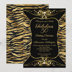 Wild Fabulous 50 Birthday Party Black Gold Tiger  Invitation