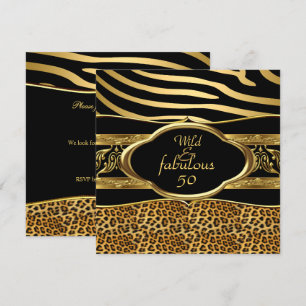 Wild Fabulous Zebra Leopard Black Gold Birthday 3 Invitation