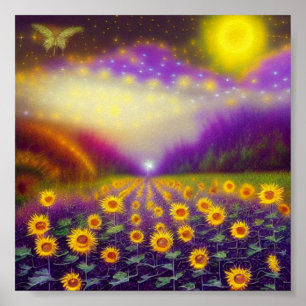 Wild fantasy sunflower field poster