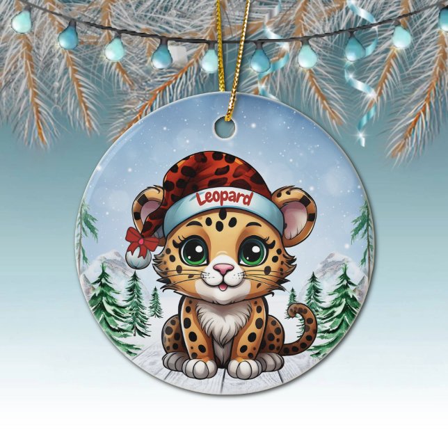 Wild Feline Lovers Woodland Wildlife Kitten 🐆🐈🐾 Ceramic Tree Decoration (Custom Name Leopard Christmas Ornament Personalizable Cat Xmas Decor Kitty Holiday Decoration 🐆🎄)