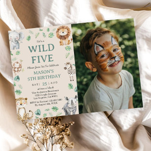 Wild Five Jungle Safari Animals Birthday Photo Invitation