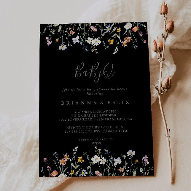 Wild Floral Black BabyQ Baby Shower Barbecue Invitation (Creator Uploaded)