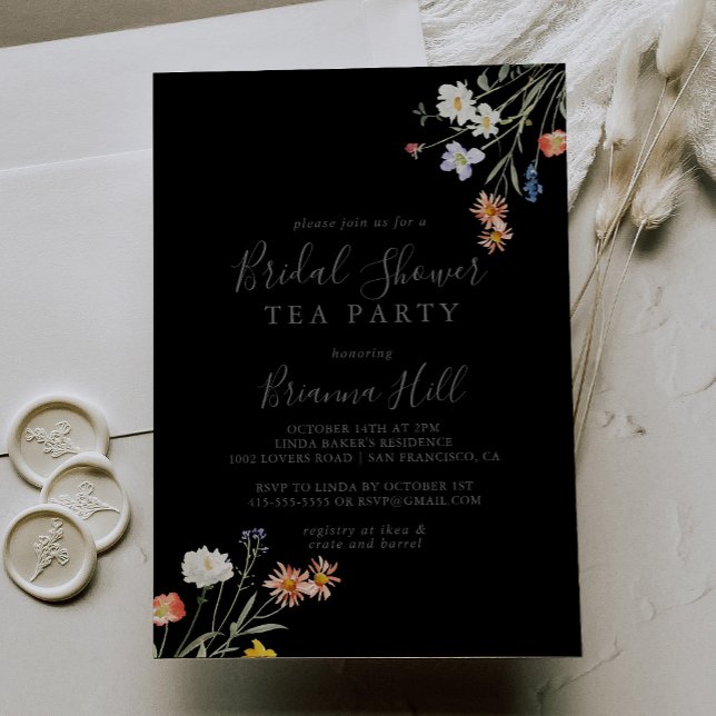 Wild Floral Black Bridal Shower Tea Party Invitation (Creator Uploaded)