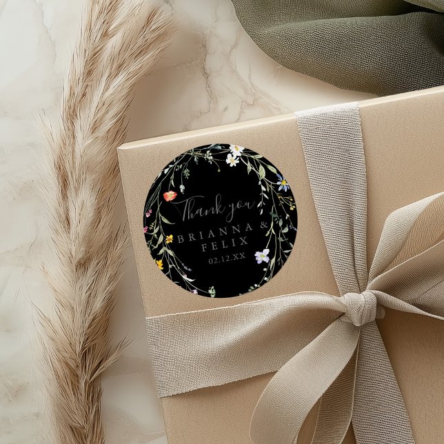 Wild Floral Black Thank You Wedding Favour Classic Round Sticker (Creator Uploaded)