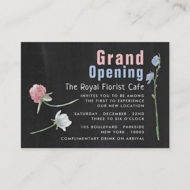 Wild Floral Chalkboard, Grand Opening Ceremony Enclosure Card (Front)