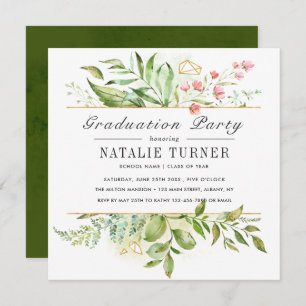 Wild Floral Green Foliage Graduation Party Invitation